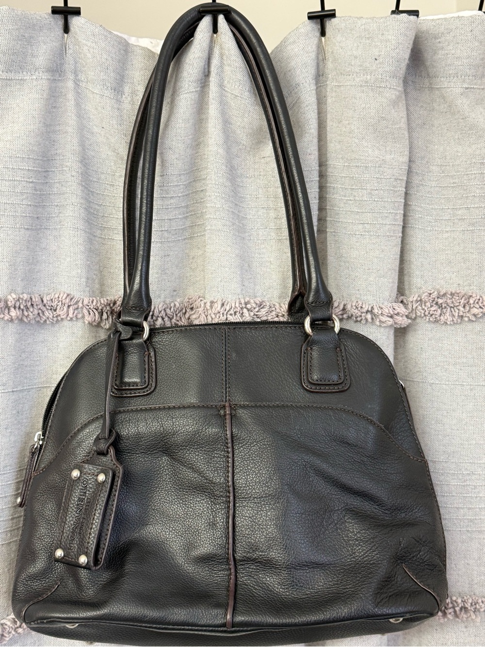 Tignanello Black Pebbled Leather Zip Top Handbag w/Contrast Brown Accent Stitch